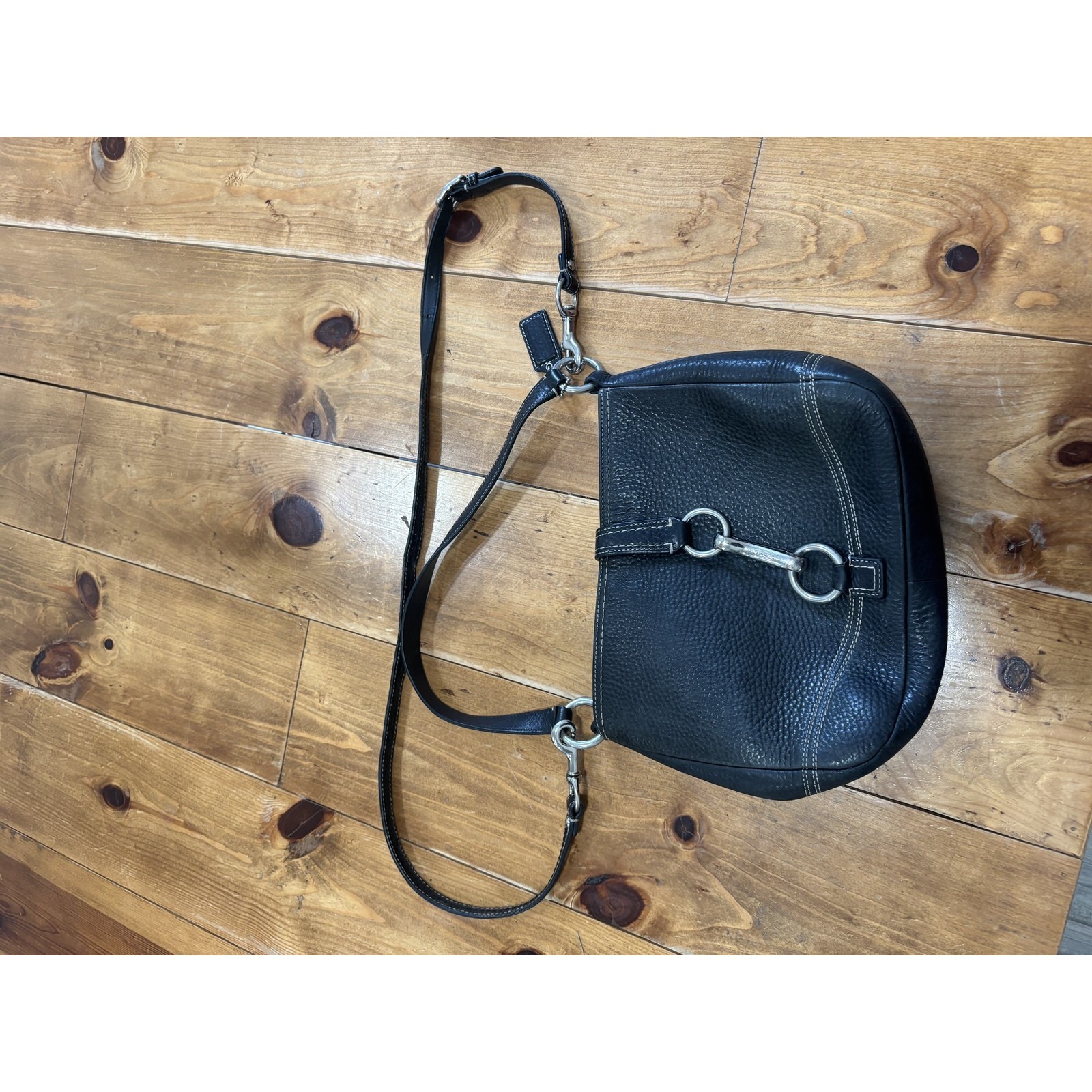 Coach Black Pebbled Leather Hobo Shoulder Bag Crescent White Stitching Silver